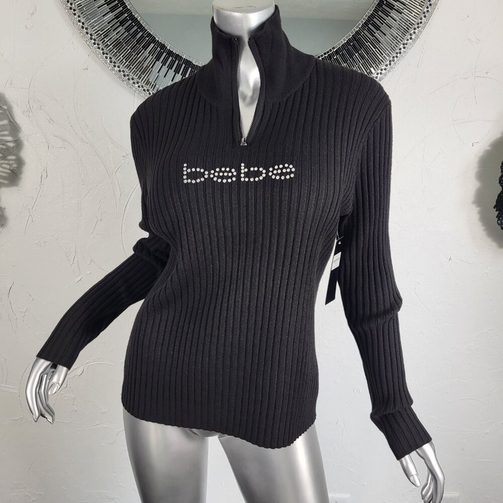 NWT~$80~BEBE~L/XL~BLACK RHINESTONE BLING TURTLENECK SWEATER TOP BLOUSE SHIRT